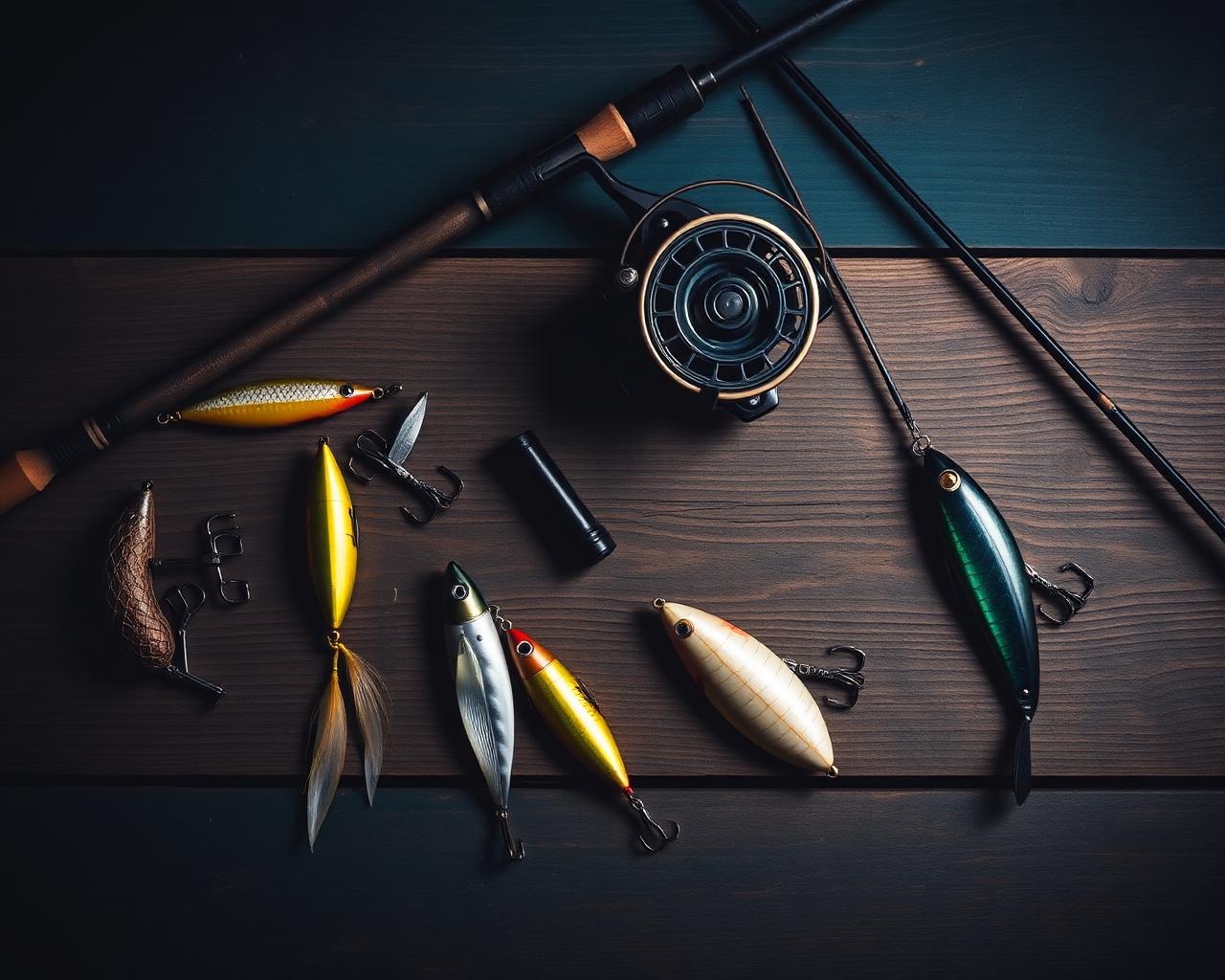 Fishing tackle laid out on weathered wood